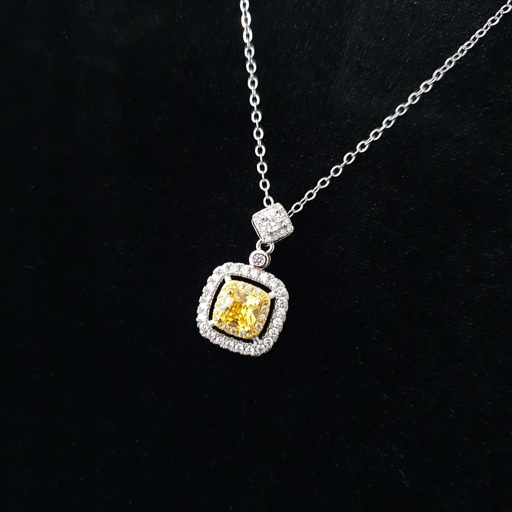 Silver Square Cut Diamond Amber Necklace